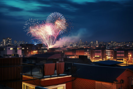 This enchanting image captures the spirit of a Korean rooftop celebration with a mesmerizing fireworks display. The vibrant bursts of color against the night sky evoke a sense of soulful joy and festivity. Whether for cultural celebrations, outdoor events, or simply capturing the magic of the moment, this image radiates the essence of Korean soulの素材