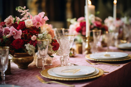 This image captures the opulence of a luxury wedding with an exquisite table setting. The carefully arranged place settings, elegant decor, and beautiful flowers create a scene of timeless beauty and romance. Perfect for wedding-themed designs, event planning, or showcasing the grandeur of special occasionsの素材