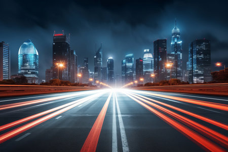 This mesmerizing image captures the dynamic energy of a megacity at night. The city road is illuminated by a dazzling display of lights, creating a captivating cityscape background. With long exposure photography, the motion of highway road lights adds a sense of movement and vibrancy to the panorama. Perfect for urban landscapes, cityscape showcases, or any project that celebrates the vibrant nightlife of a bustling metropolisの素材