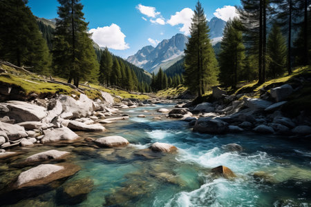 Immerse yourself in the natural beauty of Italy's Ferret Valley Wilderness as this image captures the tranquil charm of a scenic alpine river. Surrounded by majestic mountains and lush greenery, the river meanders through the breathtaking landscape, inviting you to embrace the serenity of the outdoors. Perfect for travel promotions, nature-inspired designs, or showcasing the pristine beauty of Italy's wildernessの素材