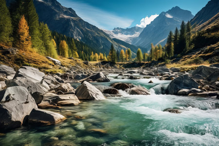 Immerse yourself in the natural beauty of Italy's Ferret Valley Wilderness as this image captures the tranquil charm of a scenic alpine river. Surrounded by majestic mountains and lush greenery, the river meanders through the breathtaking landscape, inviting you to embrace the serenity of the outdoors. Perfect for travel promotions, nature-inspired designs, or showcasing the pristine beauty of Italy's wildernessの素材