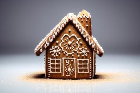 This enchanting image showcases the realism of a gingerbread house cake biscuit, elegantly displayed against a white color cut-off background. The front view, studio lighting, and high contrast create a visually captivating composition with a balanced focus on the object. Perfect for holiday-themed designs, festive decorations, or any project that captures the magic of gingerbread creationsの素材