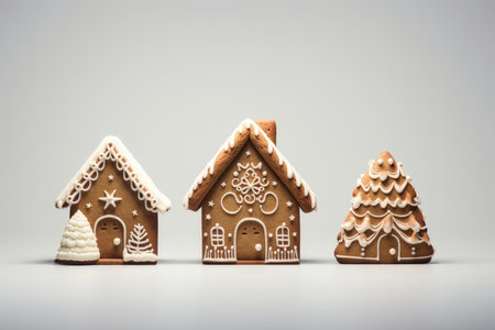 This enchanting image showcases the realism of a gingerbread house cake biscuit, elegantly displayed against a white color cut-off background. The front view, studio lighting, and high contrast create a visually captivating composition with a balanced focus on the object. Perfect for holiday-themed designs, festive decorations, or any project that captures the magic of gingerbread creationsの素材
