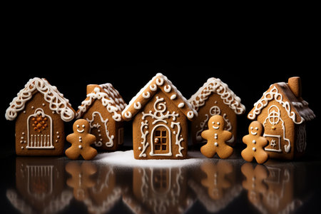 This enchanting image showcases the realism of a gingerbread house cake biscuit, elegantly displayed against a white color cut-off background. The front view, studio lighting, and high contrast create a visually captivating composition with a balanced focus on the object. Perfect for holiday-themed designs, festive decorations, or any project that captures the magic of gingerbread creationsの素材