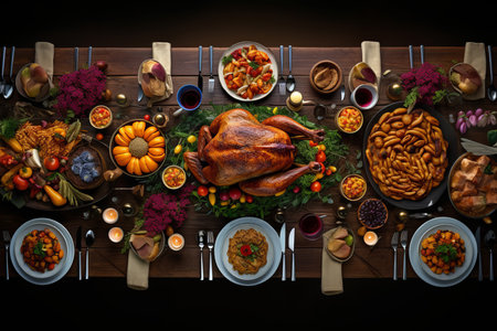 This inviting image captures the heartwarming essence of a Thanksgiving celebration with a beautifully roasted turkey as the centerpiece on the dinner table. This traditional American meal is set for a festive holiday gathering, with a top view that showcases the abundance and warmth of this cherished occasion. Perfect for Thanksgiving-themed designs, holiday promotions, or any project that embraces the spirit of gratitude and togethernessの素材
