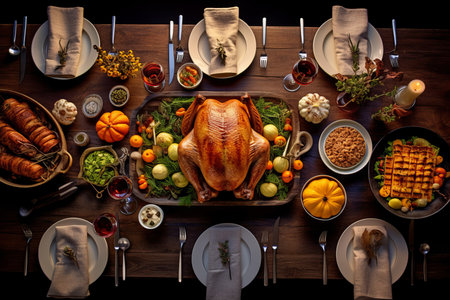 This inviting image captures the heartwarming essence of a Thanksgiving celebration with a beautifully roasted turkey as the centerpiece on the dinner table. This traditional American meal is set for a festive holiday gathering, with a top view that showcases the abundance and warmth of this cherished occasion. Perfect for Thanksgiving-themed designs, holiday promotions, or any project that embraces the spirit of gratitude and togethernessの素材