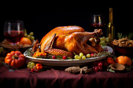 This enchanting image captures the essence of a festive Christmas Eve celebration with a beautifully roasted turkey centerpiece gracing a wooden table setting. The table is elegantly decorated with candles, setting the scene for a heartwarming holiday feast. Perfect for holiday-themed designs, festive celebrations, or any project that embraces the warmth and tradition of Christmasの素材