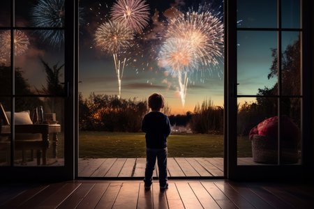 This heartwarming image captures a toddler child's wonder and joy as they stand in front of big French doors, leaning against them while gazing at the spectacular New Year's Eve fireworks. The little one's innocence and excitement add a touch of magic to this moment of celebration. Perfect for family-themed designs, New Year's Eve promotions, or any project that cherishes the beauty of childhood wonderの素材