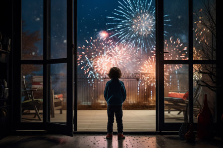 This heartwarming image captures a toddler child's wonder and joy as they stand in front of big French doors, leaning against them while gazing at the spectacular New Year's Eve fireworks. The little one's innocence and excitement add a touch of magic to this moment of celebration. Perfect for family-themed designs, New Year's Eve promotions, or any project that cherishes the beauty of childhood wonderの素材