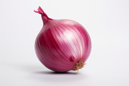 This captivating image showcases the realism of an onion, beautifully presented against a white color cut-off background. The front view, studio lighting, high contrast, and balanced object focus create a visually appealing composition that highlights the natural beauty of this essential ingredient. Perfect for food photography, culinary promotions, or any project that celebrates the versatility of onionsの素材