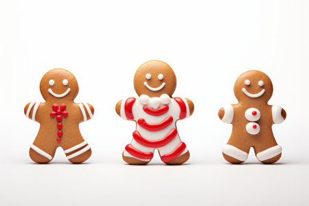 This delightful image captures a festive set featuring a candy cane and a gingerbread man cookie, meticulously presented against a white color cut-off background. The front view, studio lighting, high contrast, and balanced object focus create a visually appealing composition that radiates the holiday spirit. Perfect for holiday-themed designs, festive decorations, or any project that celebrates the sweetness of the seasonの素材