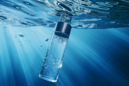 This captivating image features a clear bottle of moisturizer gracefully submerged in serene blue water. The reflective qualities of the water enhance the beauty of the product, creating a visually striking composition. Perfect for beauty product promotions, skincare designs, or any project that highlights the rejuvenating qualities of moisturizerの素材