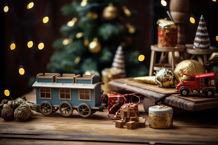 This enchanting image captures a festive scene where a beautifully wrapped gift takes center stage on a table adorned with Christmas tree branches, wooden toys, and aromatic spices. The warm and inviting composition embodies the joy and traditions of the holiday season. Perfect for holiday-themed designs, festive decorations, or any project that celebrates the magic of Christmasの素材