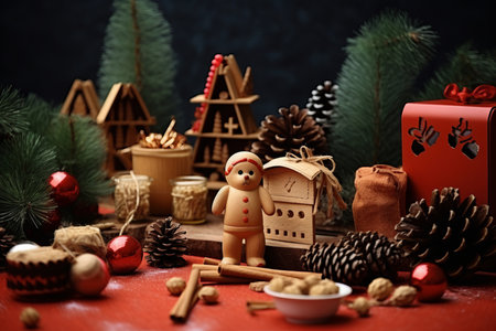 This enchanting image captures a festive scene where a beautifully wrapped gift takes center stage on a table adorned with Christmas tree branches, wooden toys, and aromatic spices. The warm and inviting composition embodies the joy and traditions of the holiday season. Perfect for holiday-themed designs, festive decorations, or any project that celebrates the magic of Christmasの素材