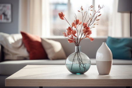 This inviting image features a table desk adorned with vases and a blurred living room interior in the background. The cozy atmosphere is enhanced by a comfortable sofa and soft pillows. This home design serves as an ideal backdrop for displaying products or creating a warm and welcoming ambianceの素材