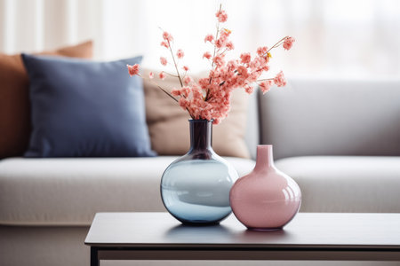 This inviting image features a table desk adorned with vases and a blurred living room interior in the background. The cozy atmosphere is enhanced by a comfortable sofa and soft pillows. This home design serves as an ideal backdrop for displaying products or creating a warm and welcoming ambianceの素材