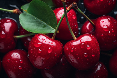 This striking image features a banner of fresh cherries, imbued with a film grain effect for added character. The cherries' natural beauty is captured with a touch of vintage charm, making it suitable for a variety of designs including food promotions, retro-themed projects, or any creative endeavor that calls for a classic touchの素材