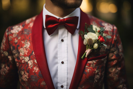 This striking image features a smartly dressed individual at a wedding, exuding elegance in a finely tailored suit paired with a coordinating red bow tie and a pocket square adorned with flowers. The impeccable style and attention to detail make it a perfect fit for wedding-themed designs, formal fashion promotions, or any project that celebrates sartorial excellenceの素材