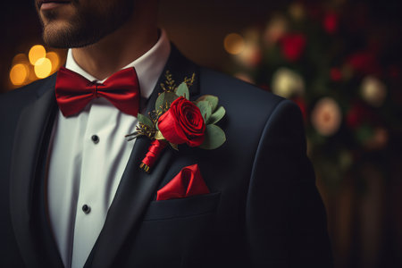 This striking image features a smartly dressed individual at a wedding, exuding elegance in a finely tailored suit paired with a coordinating red bow tie and a pocket square adorned with flowers. The impeccable style and attention to detail make it a perfect fit for wedding-themed designs, formal fashion promotions, or any project that celebrates sartorial excellenceの素材
