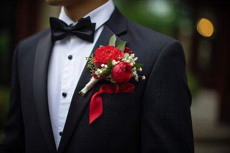 This striking image features a smartly dressed individual at a wedding, exuding elegance in a finely tailored suit paired with a coordinating red bow tie and a pocket square adorned with flowers. The impeccable style and attention to detail make it a perfect fit for wedding-themed designs, formal fashion promotions, or any project that celebrates sartorial excellenceの素材