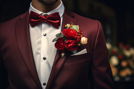 This striking image features a smartly dressed individual at a wedding, exuding elegance in a finely tailored suit paired with a coordinating red bow tie and a pocket square adorned with flowers. The impeccable style and attention to detail make it a perfect fit for wedding-themed designs, formal fashion promotions, or any project that celebrates sartorial excellenceの素材