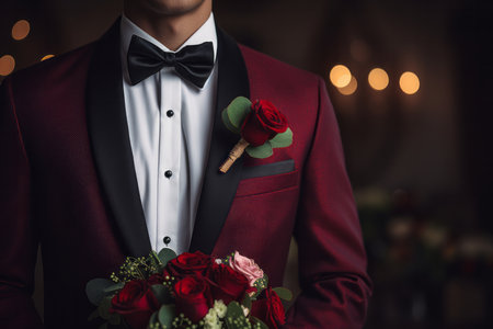 This striking image features a smartly dressed individual at a wedding, exuding elegance in a finely tailored suit paired with a coordinating red bow tie and a pocket square adorned with flowers. The impeccable style and attention to detail make it a perfect fit for wedding-themed designs, formal fashion promotions, or any project that celebrates sartorial excellenceの素材