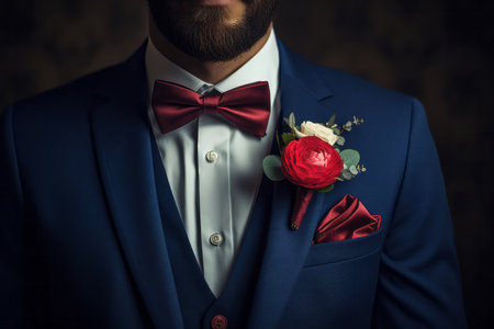 This striking image features a smartly dressed individual at a wedding, exuding elegance in a finely tailored suit paired with a coordinating red bow tie and a pocket square adorned with flowers. The impeccable style and attention to detail make it a perfect fit for wedding-themed designs, formal fashion promotions, or any project that celebrates sartorial excellenceの素材