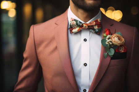 This striking image features a smartly dressed individual at a wedding, exuding elegance in a finely tailored suit paired with a coordinating red bow tie and a pocket square adorned with flowers. The impeccable style and attention to detail make it a perfect fit for wedding-themed designs, formal fashion promotions, or any project that celebrates sartorial excellenceの素材