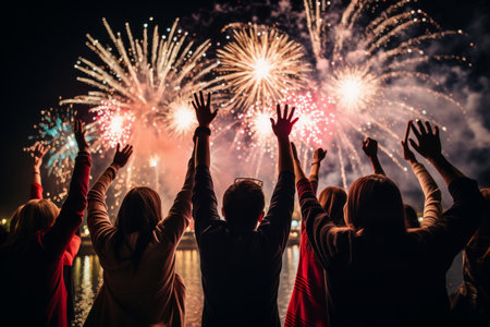 This heartwarming image captures a group of joyful people coming together to celebrate the winter holidays, each holding sparkling fireworks in their hands. The festive and heartwarming scene exudes the spirit of holiday togetherness. Ideal for holiday-themed designs, festive celebrations, or any project that spreads the joy of the seasonの素材