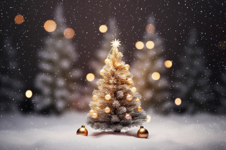 This enchanting image showcases a Christmas tree beautifully adorned with illumination, set against a softly blurred snowy background. The cozy and magical atmosphere it portrays makes it ideal for holiday-themed designs, seasonal greetings, or any project that captures the charm of a winter wonderlandの素材