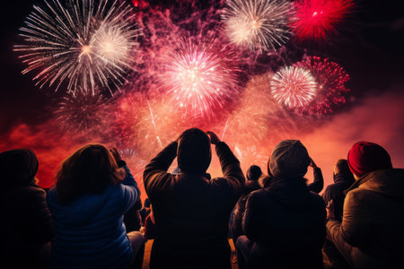 This exhilarating image features a cheering crowd gathered to watch New Year fireworks, creating a dynamic holiday celebration background. The joyous and festive atmosphere it portrays is perfect for New Year's Eve designs, celebratory occasions, or any project that captures the excitement of ringing in a new yearの素材