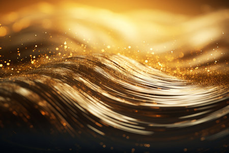 This captivating image features a backdrop of smooth gold water ripples, complemented by golden sparkle confetti that shines like shiny glittering dust. The serene and glamorous composition is perfect for luxury-themed designs, celebratory occasions, or any project that requires an elegant and sparkling touchの素材