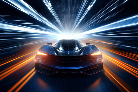 This captivating image showcases supercar lights in motion blur, depicting the excitement of high-speed motion. The dynamic and futuristic composition is ideal for automotive enthusiasts, futuristic concepts, or any project seeking to capture the thrill and innovation of automotive design and speedの素材