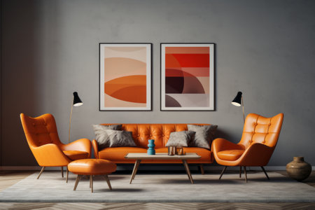 This image beautifully captures the essence of mid-century interior design in a living room, featuring a stylish sofa and vibrant orange chairs. The retro yet timeless ambiance it conveys is perfect for interior design projects, home decor inspiration, or any creative endeavor that seeks to embrace the mid-century modern aestheticの素材