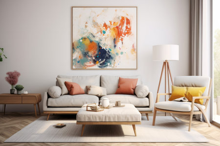 This image captures the essence of mid-century modern interior design in a contemporary living room setting. Featuring a wooden coffee table, ottoman chair, white fabric sofa, and a striking art poster frame against the wall, it radiates an artistic and timeless ambiance. Ideal for interior design projects, home decor inspiration, or creative concepts seeking a fusion of classic and contemporaryの素材