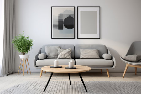 Embrace the simplicity and elegance of Scandinavian interior design with this image of a round coffee table, a cozy grey sofa, and a captivating art frame against a pristine white wall. The blend of minimalist aesthetics and warmth makes it perfect for interior design projects, home decor inspiration, and concepts seeking a harmonious living spaceの素材