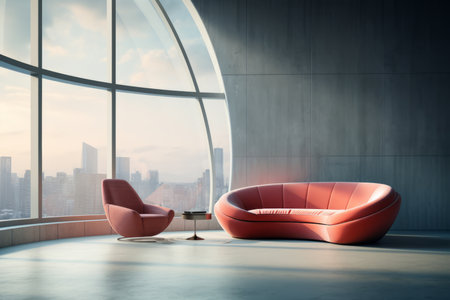 This captivating image showcases a curved sofa and chair set against a floor-to-ceiling window, highlighting the loft minimalist interior design of a modern living room. The sleek and open atmosphere it conveys is perfect for interior design projects, home decor inspiration, or any creative endeavor that seeks to capture the elegance of contemporary living spacesの素材