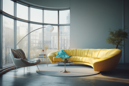 This captivating image showcases a curved sofa and chair set against a floor-to-ceiling window, highlighting the loft minimalist interior design of a modern living room. The sleek and open atmosphere it conveys is perfect for interior design projects, home decor inspiration, or any creative endeavor that seeks to capture the elegance of contemporary living spacesの素材