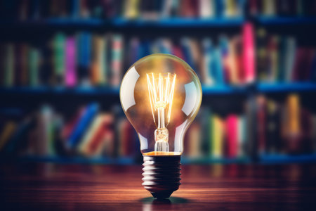 A captivating vintage light bulb casts a warm, nostalgic glow upon a stack of antique books. This enchanting background blends the charm of old-world design with the knowledge preserved in the pages of time-worn booksの素材