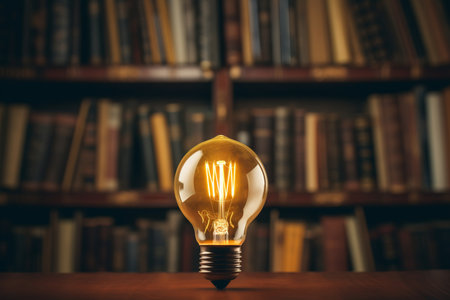 A captivating vintage light bulb casts a warm, nostalgic glow upon a stack of antique books. This enchanting background blends the charm of old-world design with the knowledge preserved in the pages of time-worn booksの素材
