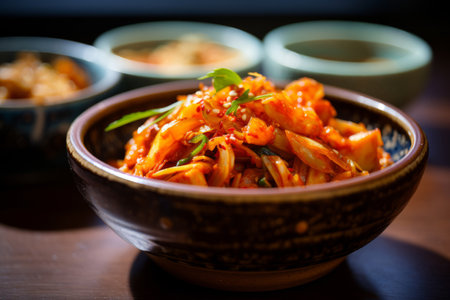 A delicious bowl of kimchi, a spicy and flavorful Korean side dish made from fermented vegetables, typically Napa cabbage and Korean radishes. This traditional dish adds a burst of tangy and spicy goodness to any mealの素材