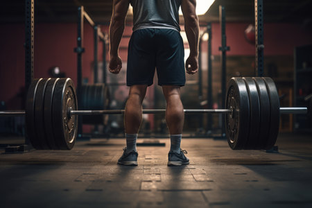 A powerful image capturing the low section of a man in action as he executes deadlifts with determination and strength. This fitness photograph showcases the dedication and effort of a workout enthusiast, making it ideal for fitness magazines, training guides, and gym-related promotionsの素材