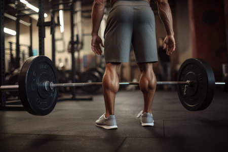 A powerful image capturing the low section of a man in action as he executes deadlifts with determination and strength. This fitness photograph showcases the dedication and effort of a workout enthusiast, making it ideal for fitness magazines, training guides, and gym-related promotionsの素材