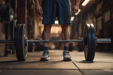 A powerful image capturing the low section of a man in action as he executes deadlifts with determination and strength. This fitness photograph showcases the dedication and effort of a workout enthusiast, making it ideal for fitness magazines, training guides, and gym-related promotionsの素材