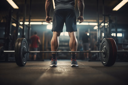 A powerful image capturing the low section of a man in action as he executes deadlifts with determination and strength. This fitness photograph showcases the dedication and effort of a workout enthusiast, making it ideal for fitness magazines, training guides, and gym-related promotionsの素材