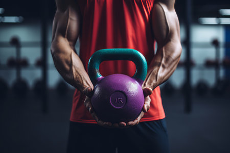 This cropped shot focuses on the strong and capable hands of a man firmly gripping a colorful kettlebell. The image embodies the concept of fitness, strength, and determination. Perfect for fitness magazines, training manuals, gym promotions, and healthy lifestyle visualsの素材