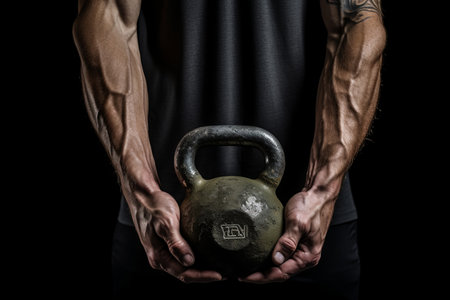 This cropped shot focuses on the strong and capable hands of a man firmly gripping a colorful kettlebell. The image embodies the concept of fitness, strength, and determination. Perfect for fitness magazines, training manuals, gym promotions, and healthy lifestyle visualsの素材