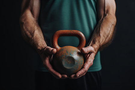 This cropped shot focuses on the strong and capable hands of a man firmly gripping a colorful kettlebell. The image embodies the concept of fitness, strength, and determination. Perfect for fitness magazines, training manuals, gym promotions, and healthy lifestyle visualsの素材
