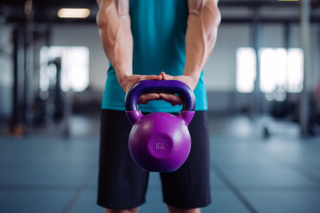 This cropped shot focuses on the strong and capable hands of a man firmly gripping a colorful kettlebell. The image embodies the concept of fitness, strength, and determination. Perfect for fitness magazines, training manuals, gym promotions, and healthy lifestyle visualsの素材