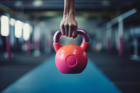 This cropped shot focuses on the strong and capable hands of a man firmly gripping a colorful kettlebell. The image embodies the concept of fitness, strength, and determination. Perfect for fitness magazines, training manuals, gym promotions, and healthy lifestyle visualsの素材